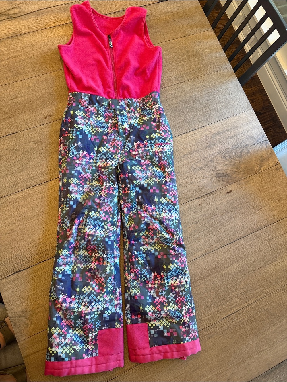 Arctix Hot Pink Fleece-Top One Piece Ski Suit with Multicolor Print Pants